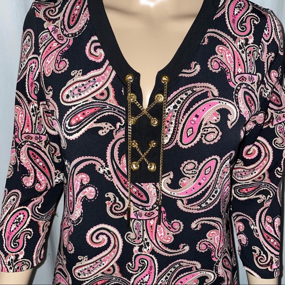 Charter Club paisley lace up chain collar blouse - Picture 4 of 5